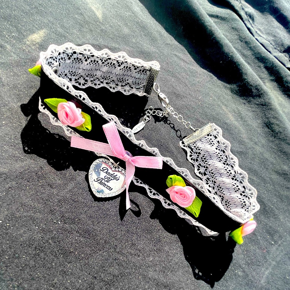 Daddy’s Little Princess leather lace heart bow rose studded bling gem choker Y2K
